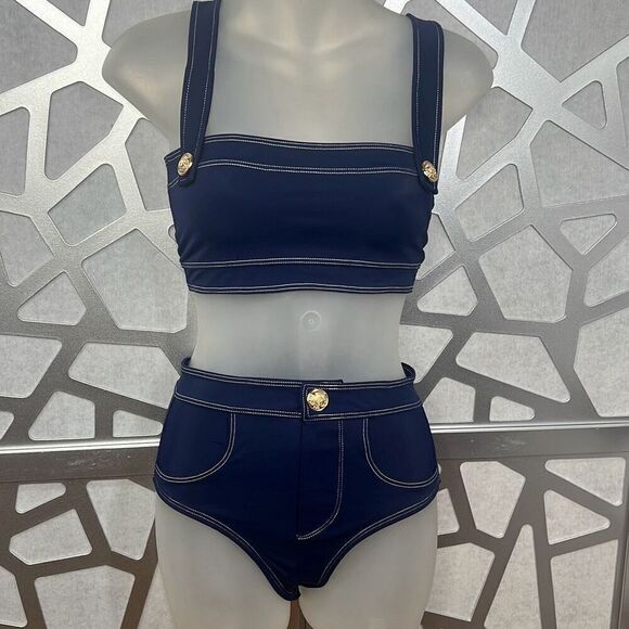 Oye Lavinia Bikini Swimsuit Set Blue Bandeau High Waisted NWT - Picture 4 of 16